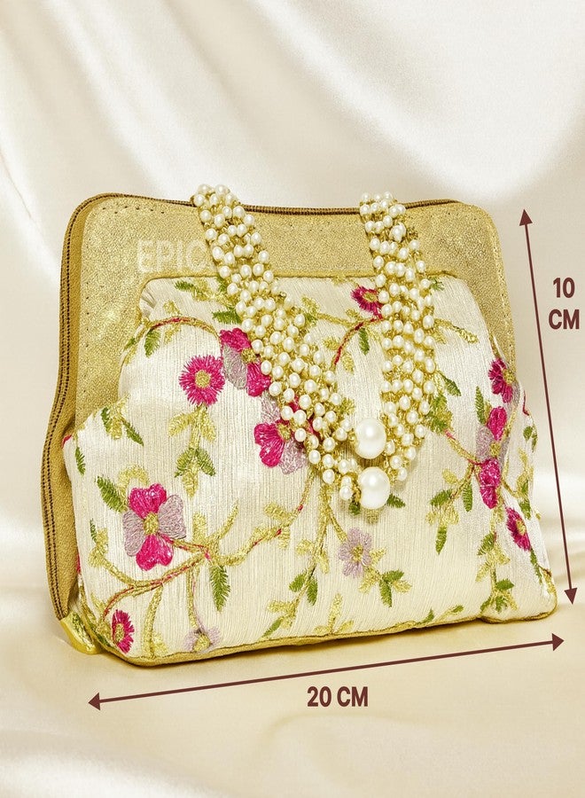 Epics Elegant Embroidered Floral Clutch for Women - Premium Pearl Handle Wedding Party Bag with Rich Multi-Color Threadwork, Golden Base & Zip Closure - Perfect for Bridal, Festive & Gifting Purposes - Image 2
